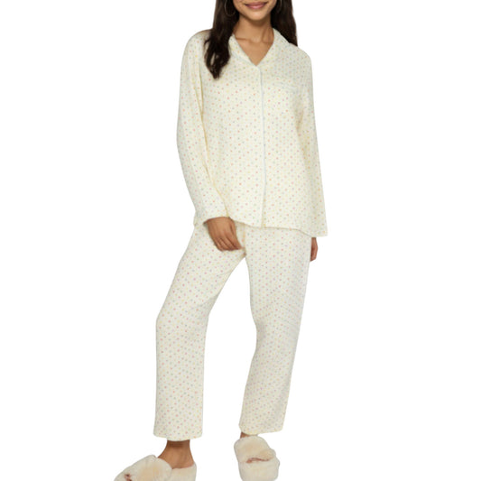 Anna-Kaci Lounge Women's 2-Piece Set Long Sleeve Button Front Top and Relaxed Fit Pants Pajama Set with Polka Dot Print