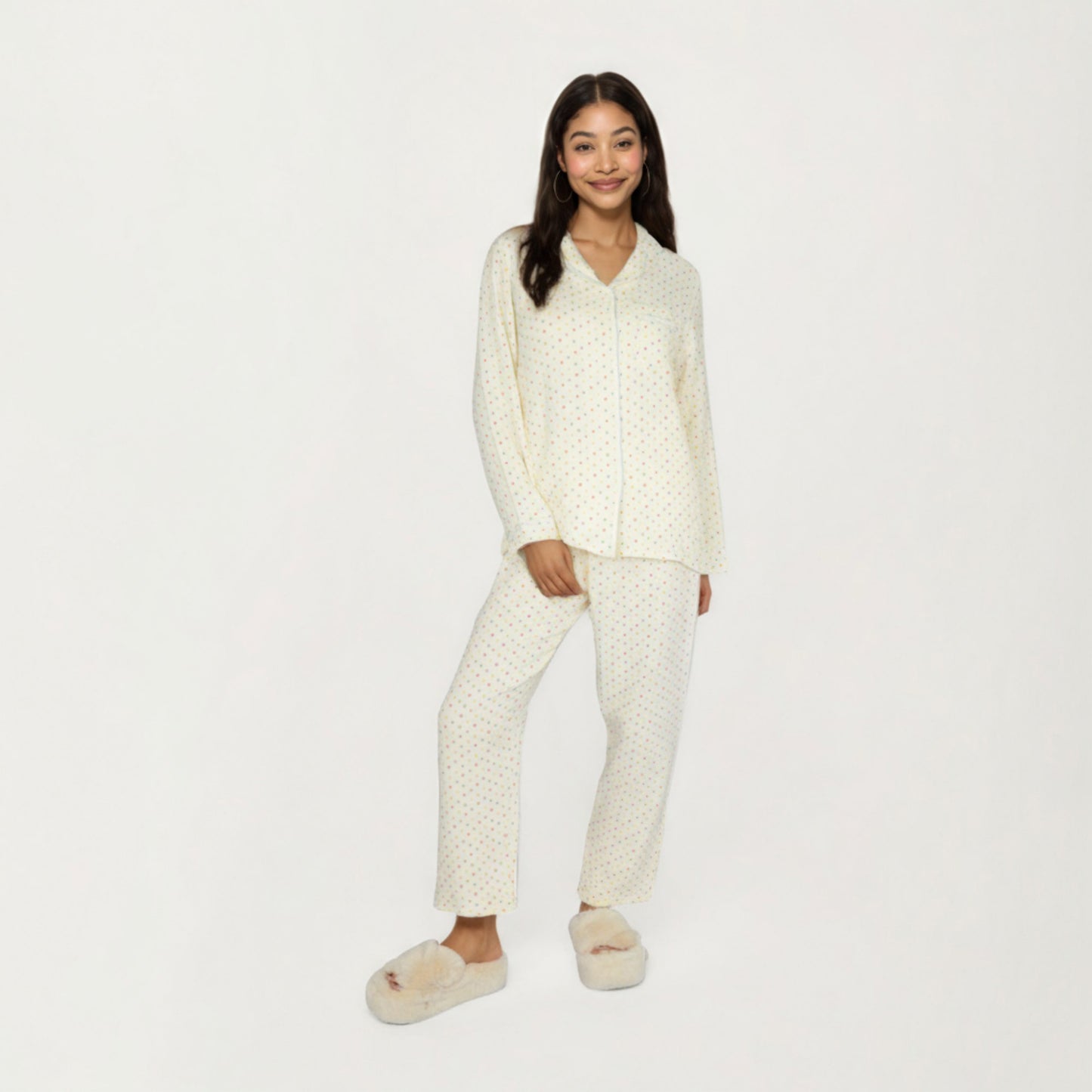 Anna-Kaci Lounge Women's 2-Piece Set Long Sleeve Button Front Top and Relaxed Fit Pants Pajama Set with Polka Dot Print