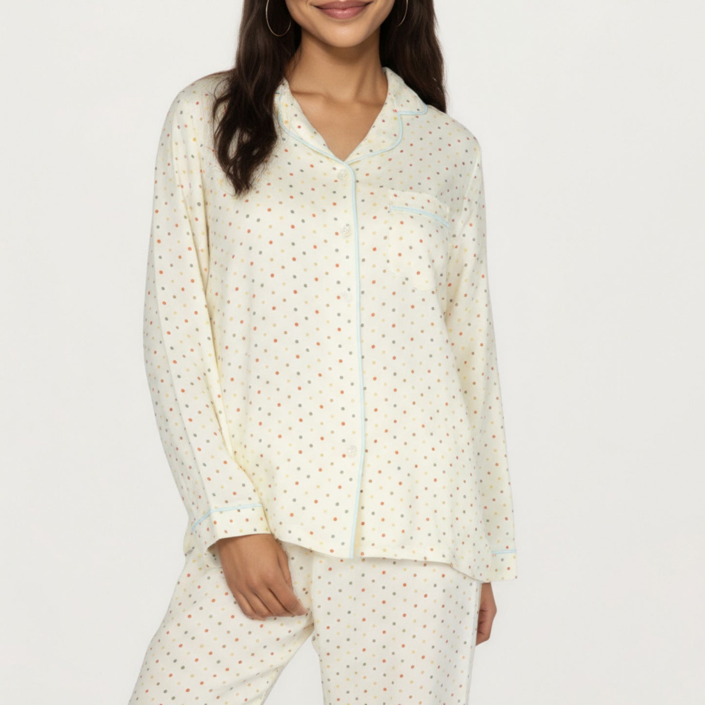 Anna-Kaci Lounge Women's 2-Piece Set Long Sleeve Button Front Top and Relaxed Fit Pants Pajama Set with Polka Dot Print