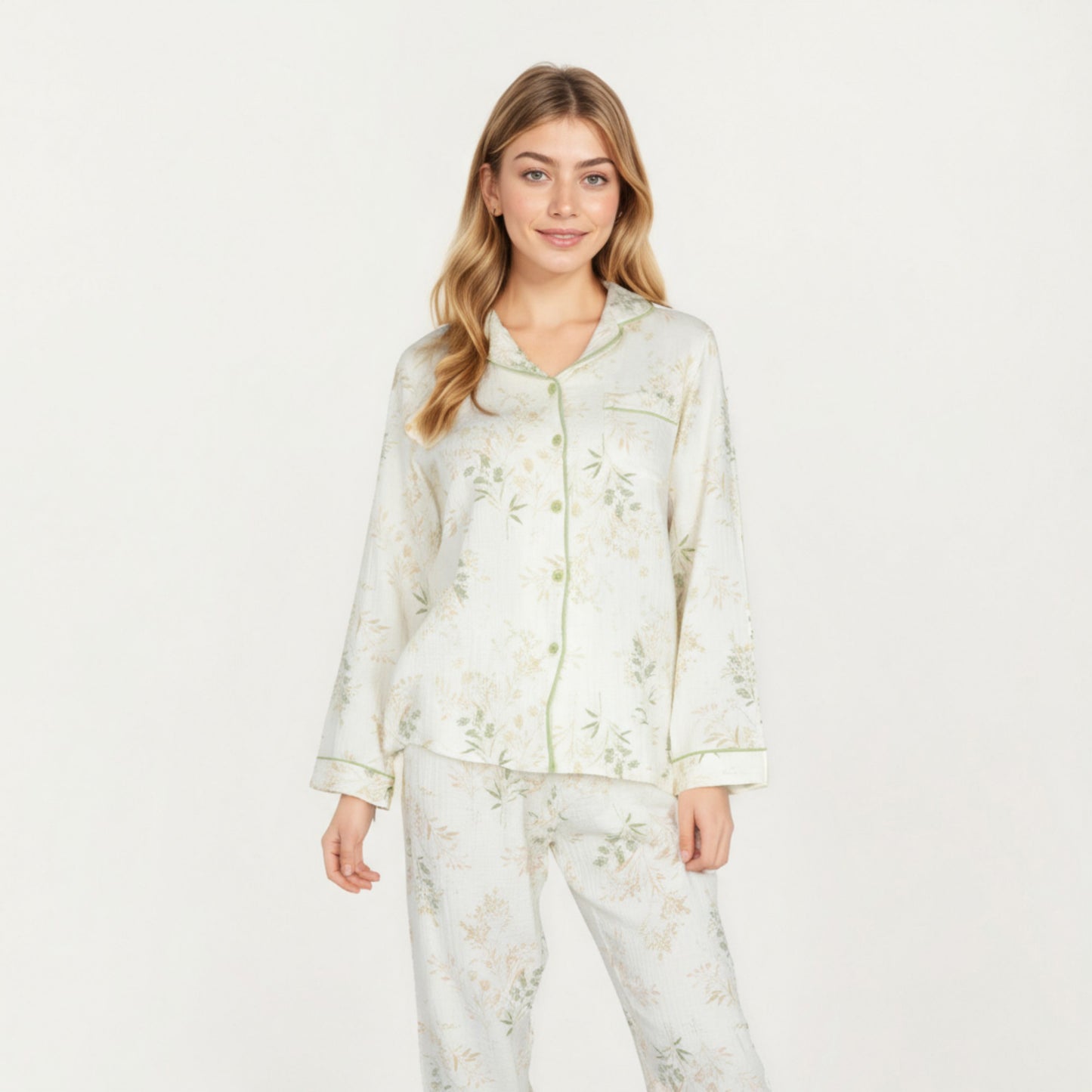 Anna-Kaci Lounge Women's 2-Piece Set Long Sleeve Button Front Top and Relaxed Fit Pants Pajama Set with Botanical Print