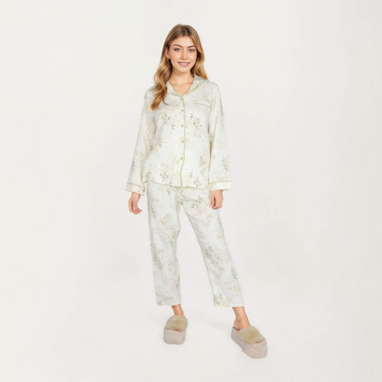 Anna-Kaci Lounge Women's 2-Piece Set Long Sleeve Button Front Top and Relaxed Fit Pants Pajama Set with Botanical Print