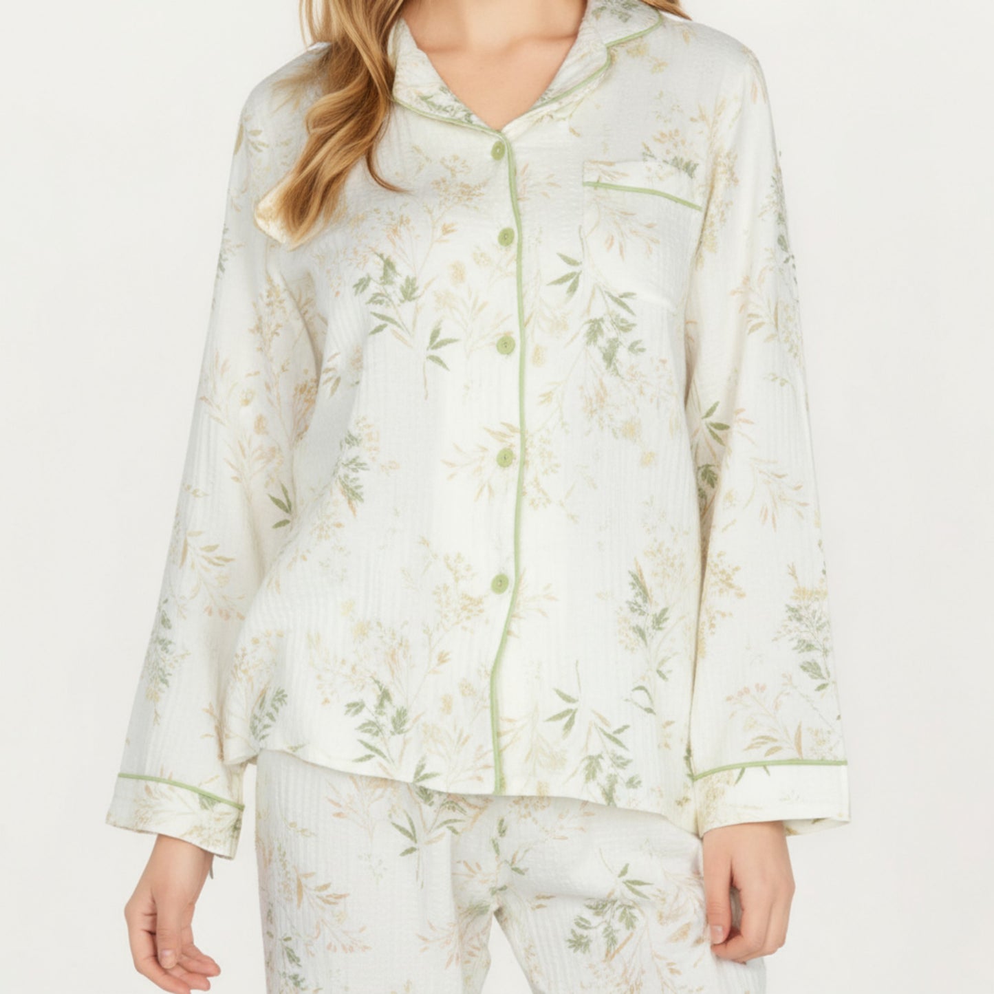 Anna-Kaci Lounge Women's 2-Piece Set Long Sleeve Button Front Top and Relaxed Fit Pants Pajama Set with Botanical Print