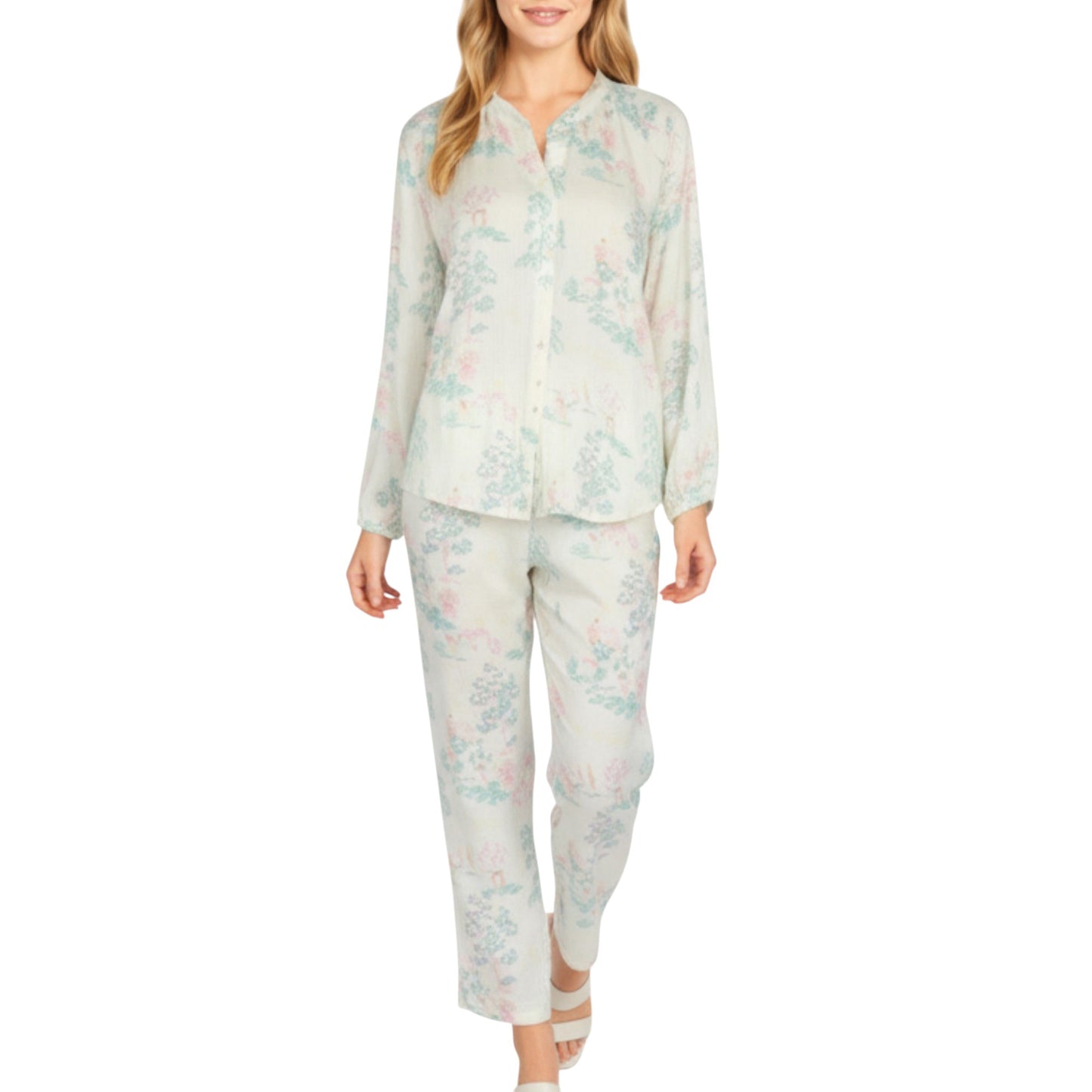 Anna-Kaci Lounge Women's 2-Piece Set Long Sleeve Button Front Top and Relaxed Fit Pants Pajama Set with Pastel Print