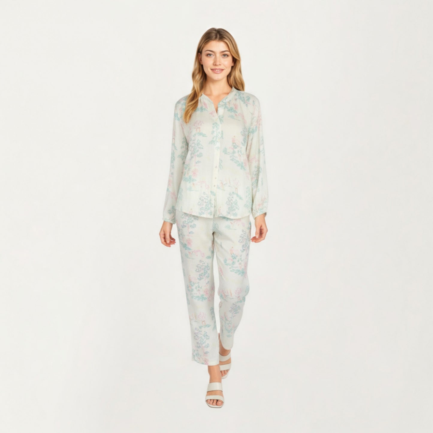 Anna-Kaci Lounge Women's 2-Piece Set Long Sleeve Button Front Top and Relaxed Fit Pants Pajama Set with Pastel Print