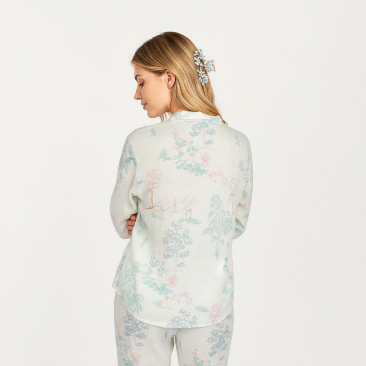 Anna-Kaci Lounge Women's 2-Piece Set Long Sleeve Button Front Top and Relaxed Fit Pants Pajama Set with Pastel Print