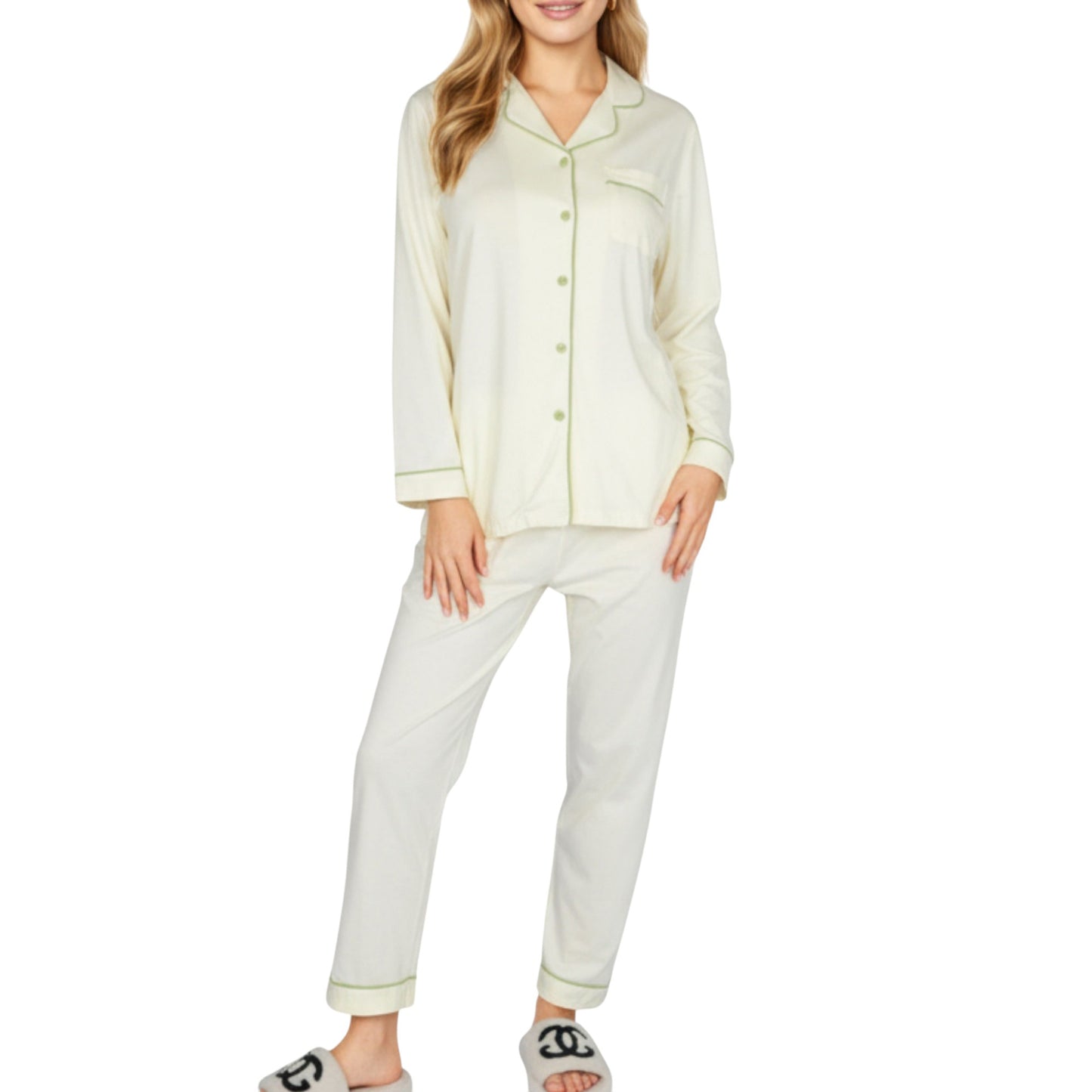 Anna-Kaci Lounge Women's 2-Piece Set Long Sleeve Button Front Top and Matching Relaxed Fit Pants Pajama Set with Contrast Piping