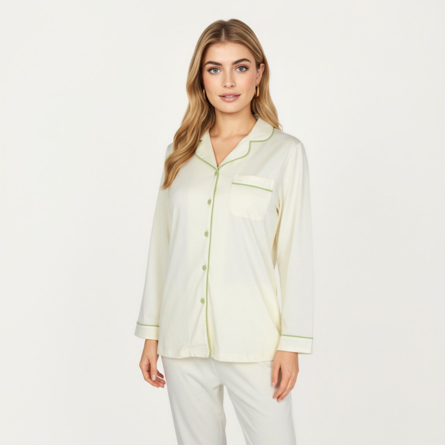 Anna-Kaci Lounge Women's 2-Piece Set Long Sleeve Button Front Top and Matching Relaxed Fit Pants Pajama Set with Contrast Piping