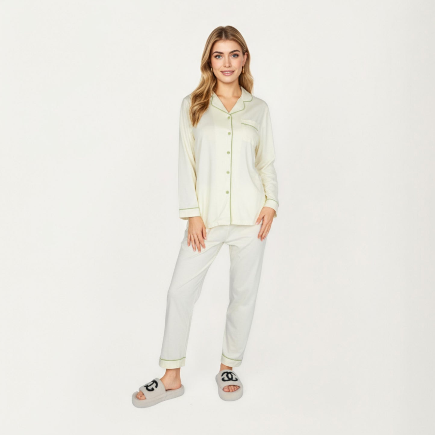 Anna-Kaci Lounge Women's 2-Piece Set Long Sleeve Button Front Top and Matching Relaxed Fit Pants Pajama Set with Contrast Piping