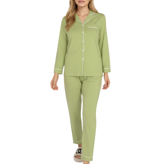 Anna-Kaci Lounge Women's 2-Piece Set Long Sleeve Button Front Top and Matching Relaxed Fit Pants Pajama Set with Contrast Piping