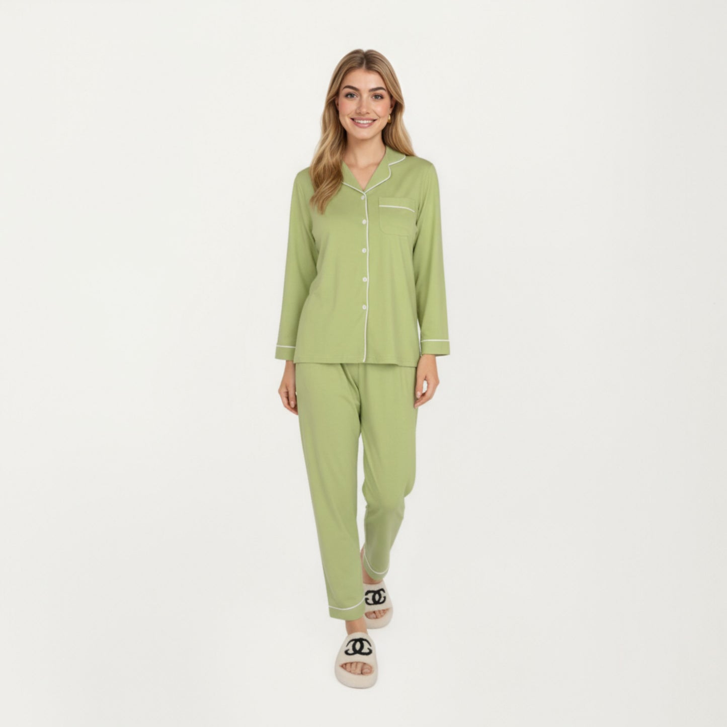 Anna-Kaci Lounge Women's 2-Piece Set Long Sleeve Button Front Top and Matching Relaxed Fit Pants Pajama Set with Contrast Piping