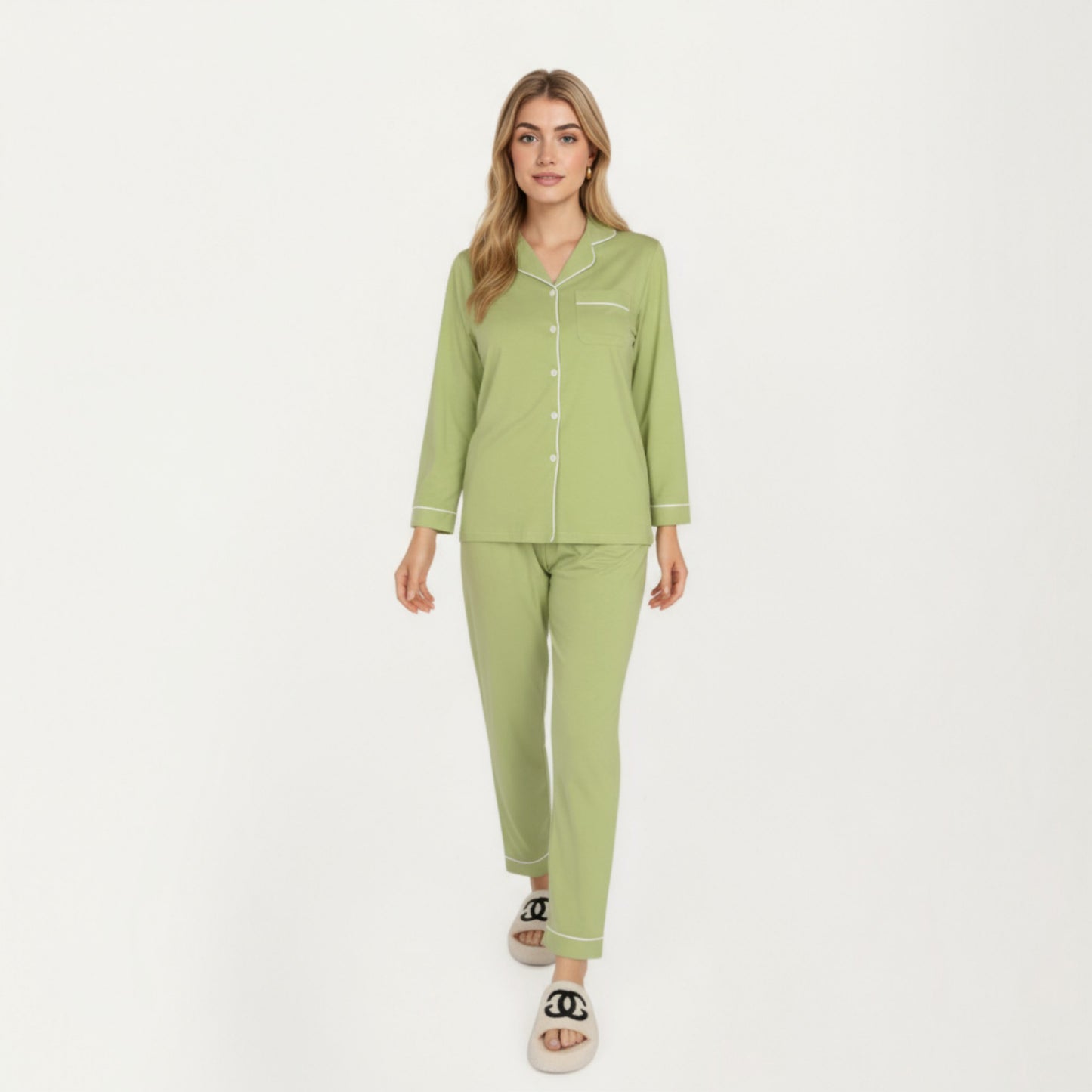 Anna-Kaci Lounge Women's 2-Piece Set Long Sleeve Button Front Top and Matching Relaxed Fit Pants Pajama Set with Contrast Piping