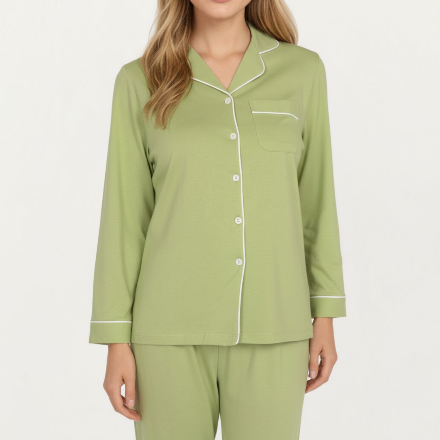 Anna-Kaci Lounge Women's 2-Piece Set Long Sleeve Button Front Top and Matching Relaxed Fit Pants Pajama Set with Contrast Piping