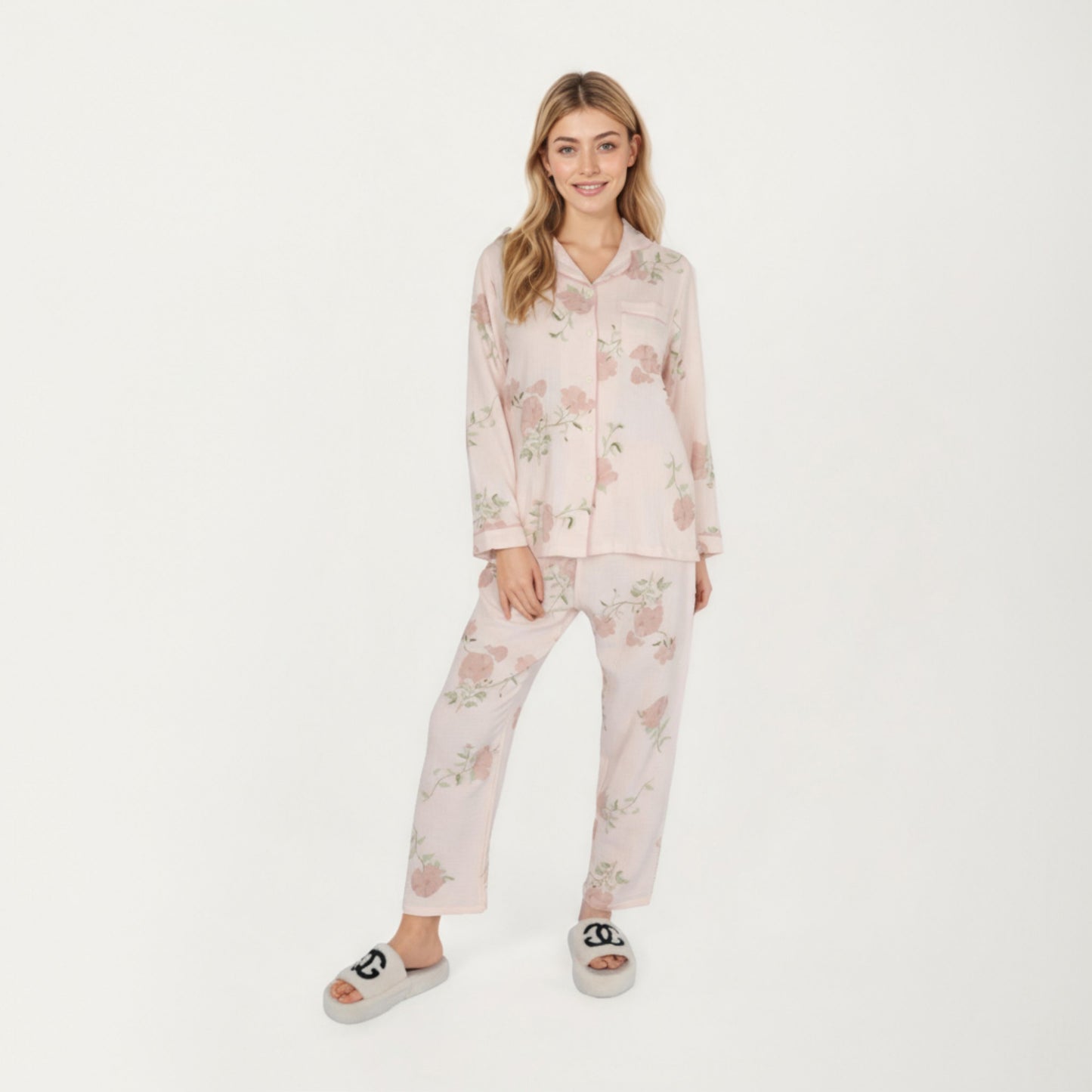 Anna-Kaci Lounge Women's 2-Piece Set Long Sleeve Button Front Pajama Top with Matching Relaxed Fit Pants Floral Print Sleepwear