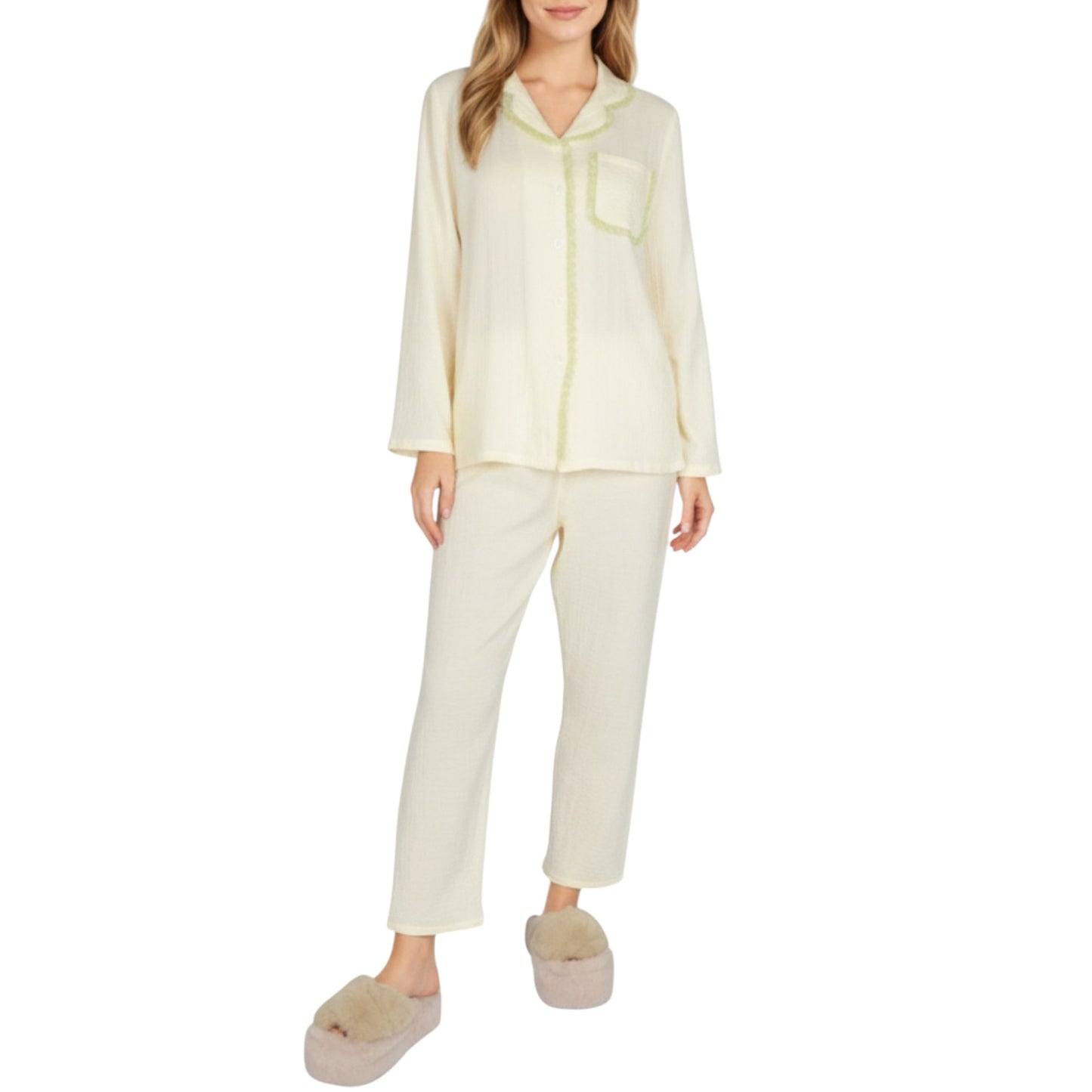 Anna-Kaci Lounge Women's 2-Piece Set Long Sleeve Button Front Pajama Top with Lace Trim Collar and Relaxed Fit Pants