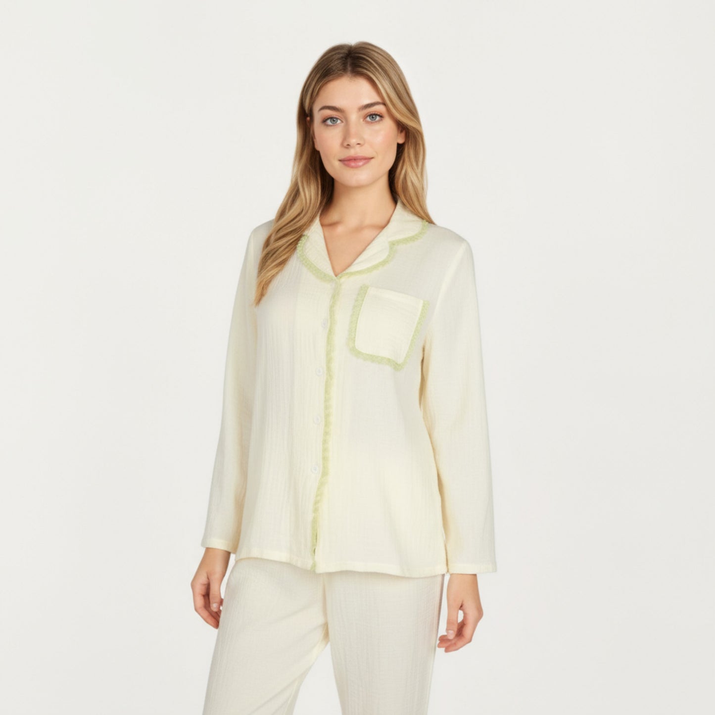Anna-Kaci Lounge Women's 2-Piece Set Long Sleeve Button Front Pajama Top with Lace Trim Collar and Relaxed Fit Pants