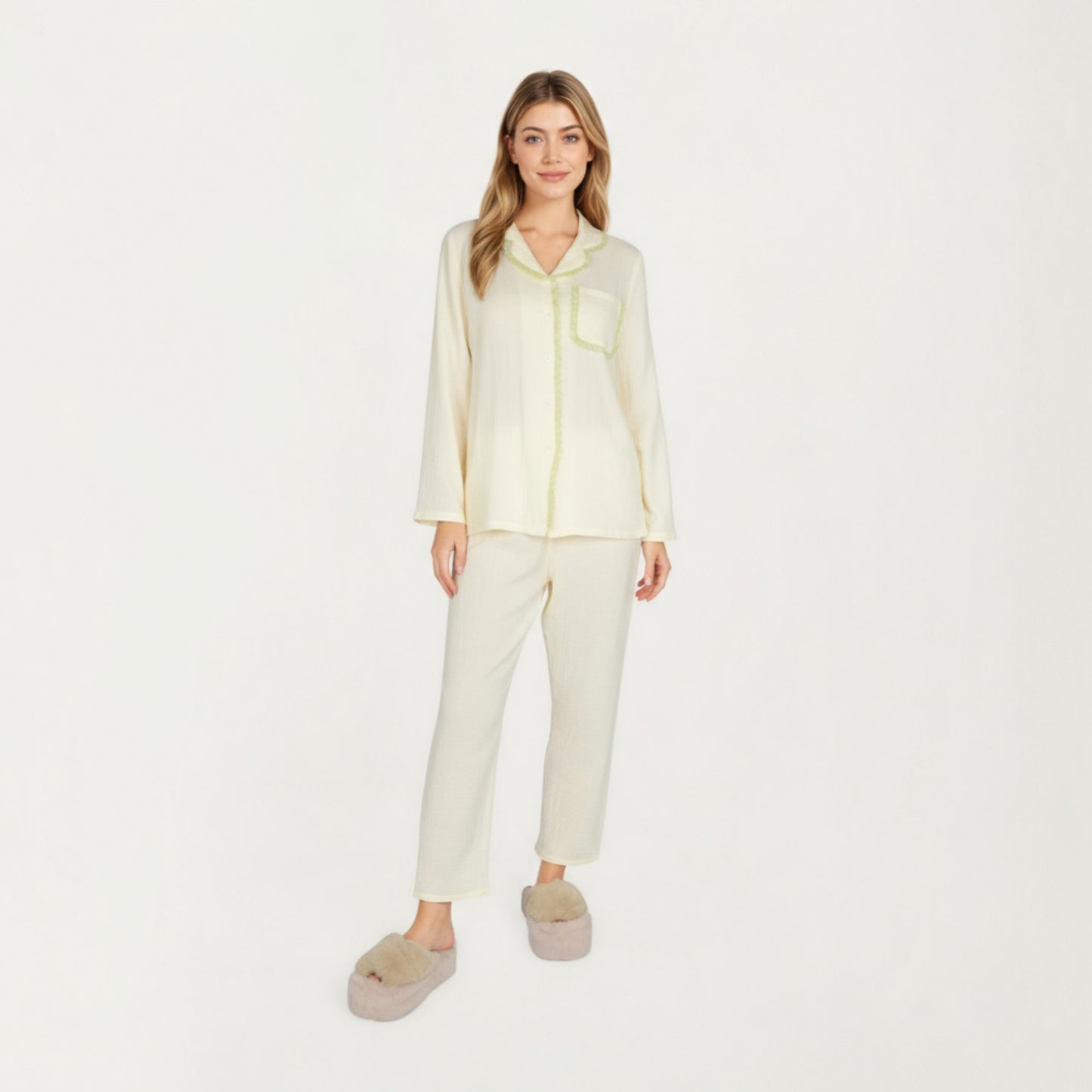 Anna-Kaci Lounge Women's 2-Piece Set Long Sleeve Button Front Pajama Top with Lace Trim Collar and Relaxed Fit Pants