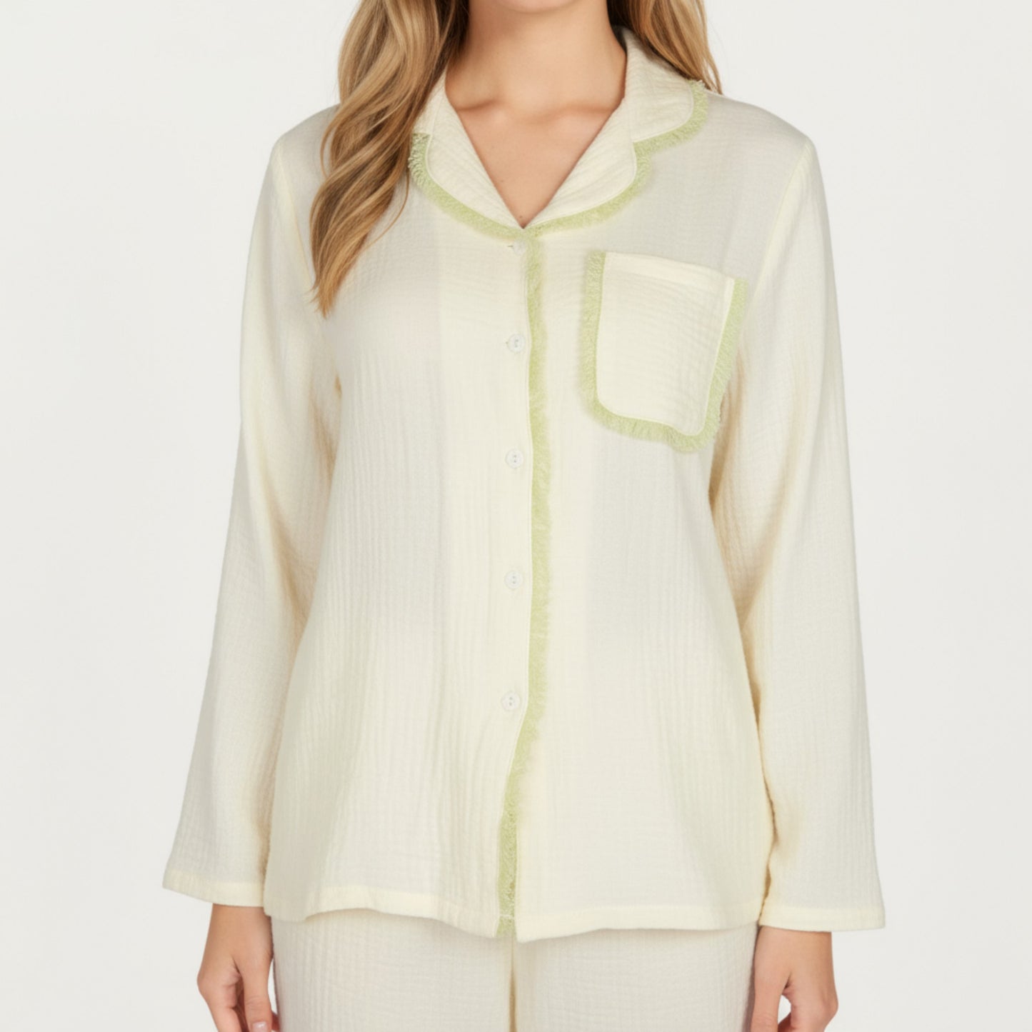 Anna-Kaci Lounge Women's 2-Piece Set Long Sleeve Button Front Pajama Top with Lace Trim Collar and Relaxed Fit Pants