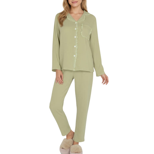 Anna-Kaci Lounge Women's 2-Piece Set Long Sleeve Button Front Pajama Top with Lace Trim Collar and Relaxed Fit Pants