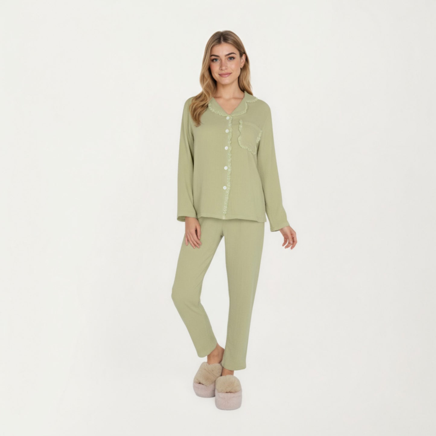 Anna-Kaci Lounge Women's 2-Piece Set Long Sleeve Button Front Pajama Top with Lace Trim Collar and Relaxed Fit Pants
