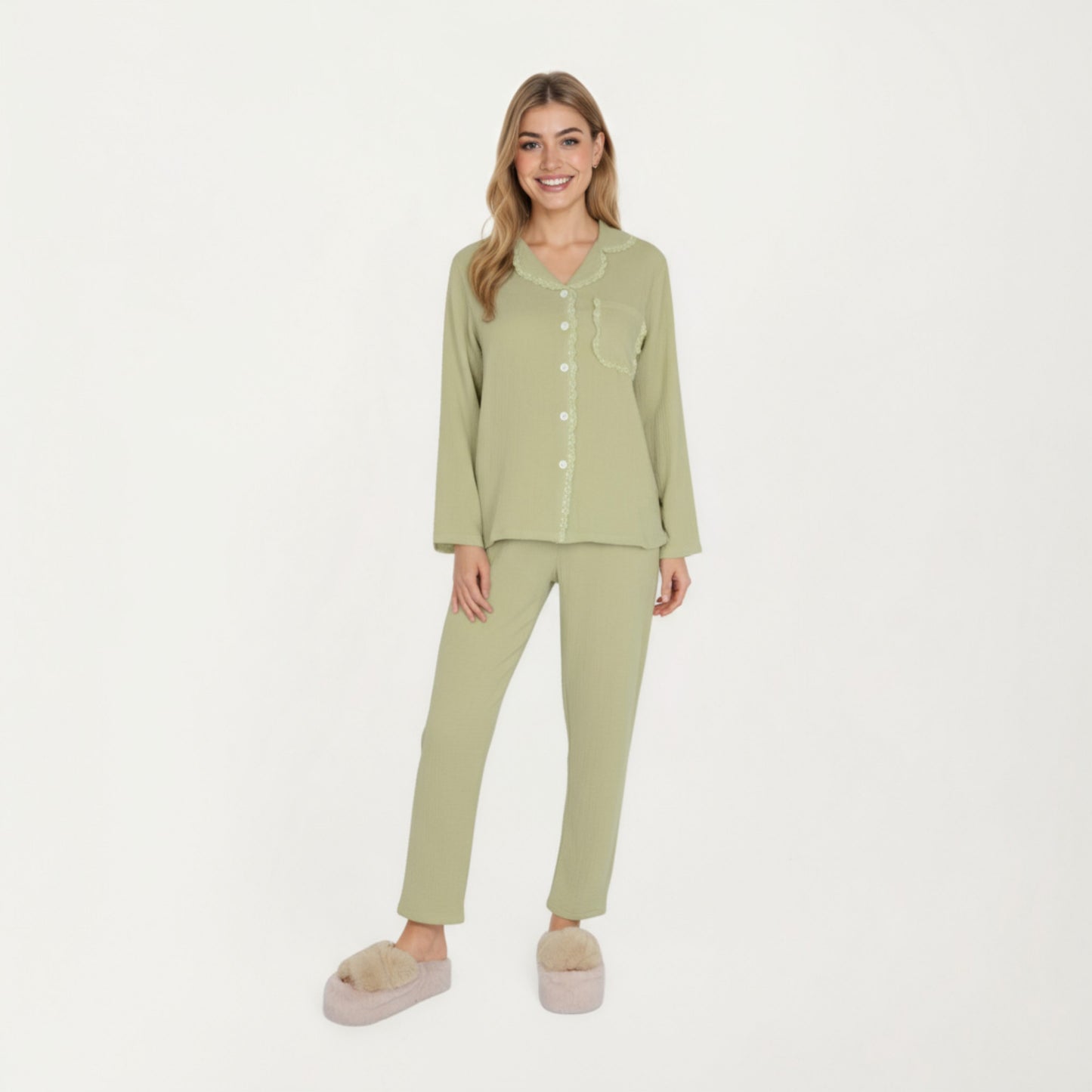 Anna-Kaci Lounge Women's 2-Piece Set Long Sleeve Button Front Pajama Top with Lace Trim Collar and Relaxed Fit Pants