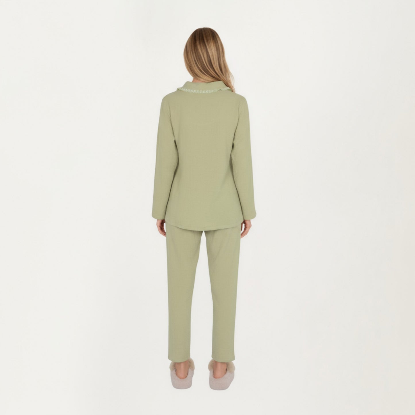 Anna-Kaci Lounge Women's 2-Piece Set Long Sleeve Button Front Pajama Top with Lace Trim Collar and Relaxed Fit Pants