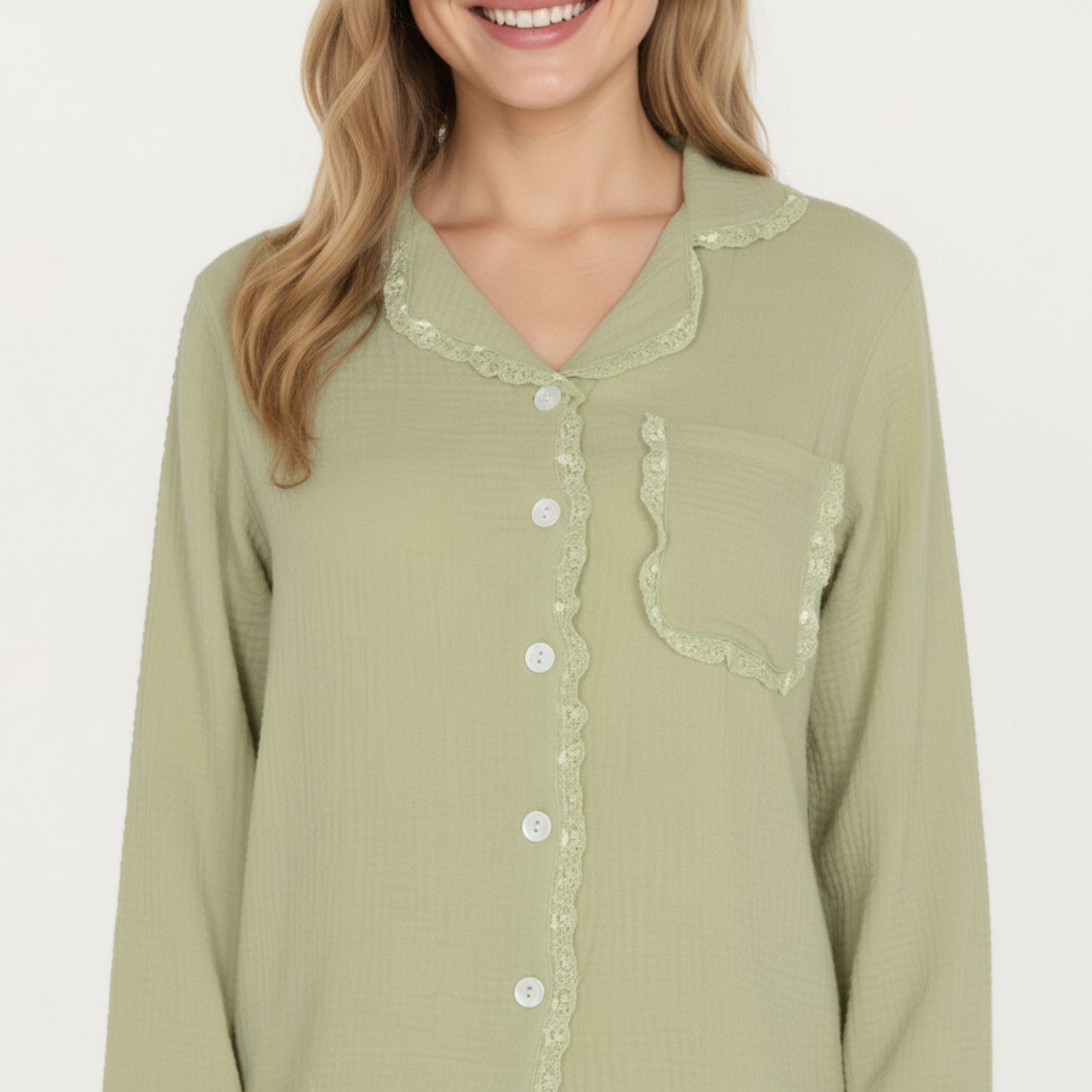 Anna-Kaci Lounge Women's 2-Piece Set Long Sleeve Button Front Pajama Top with Lace Trim Collar and Relaxed Fit Pants