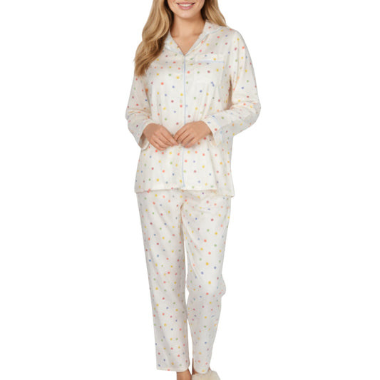 Anna-Kaci Lounge Women's 2-Piece Set Polka Dot Print Button-Up Long Sleeve Pajama Top and Matching Pants