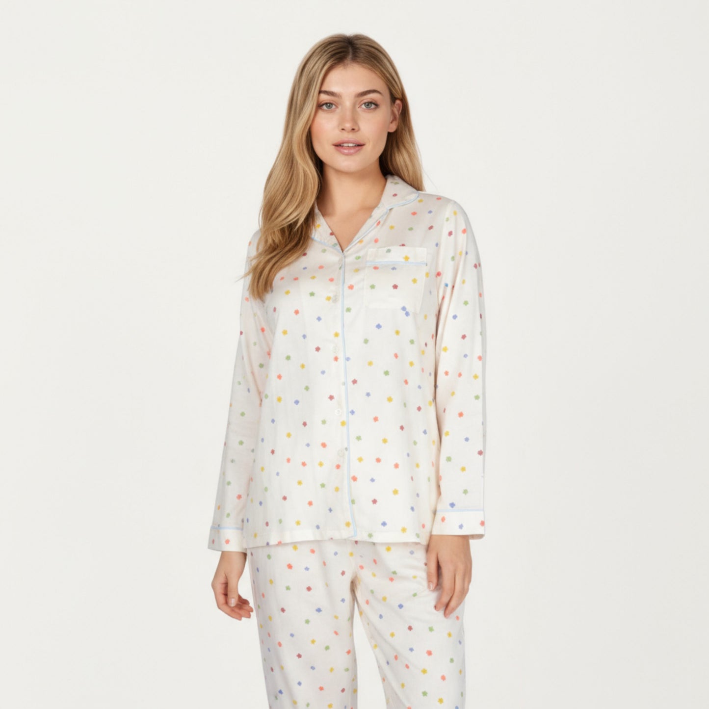 Anna-Kaci Lounge Women's 2-Piece Set Polka Dot Print Button-Up Long Sleeve Pajama Top and Matching Pants