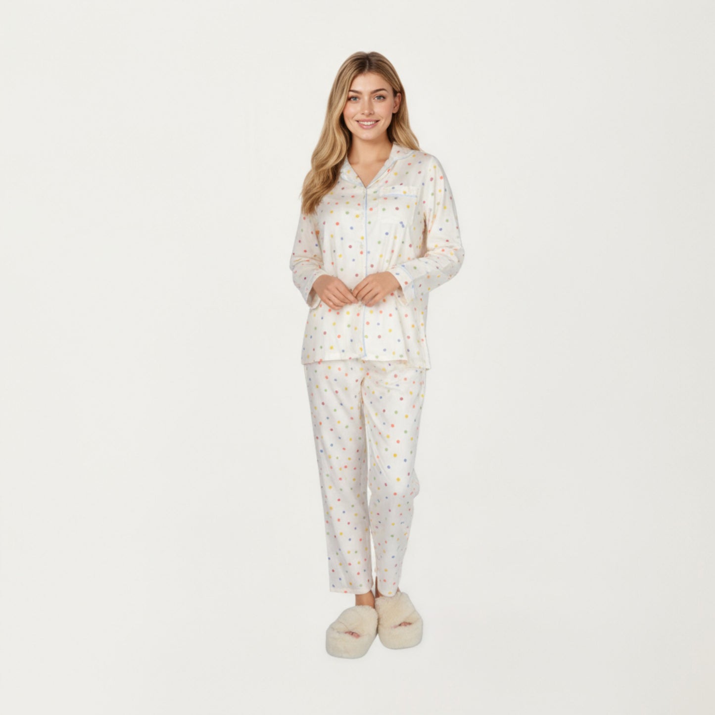 Anna-Kaci Lounge Women's 2-Piece Set Polka Dot Print Button-Up Long Sleeve Pajama Top and Matching Pants