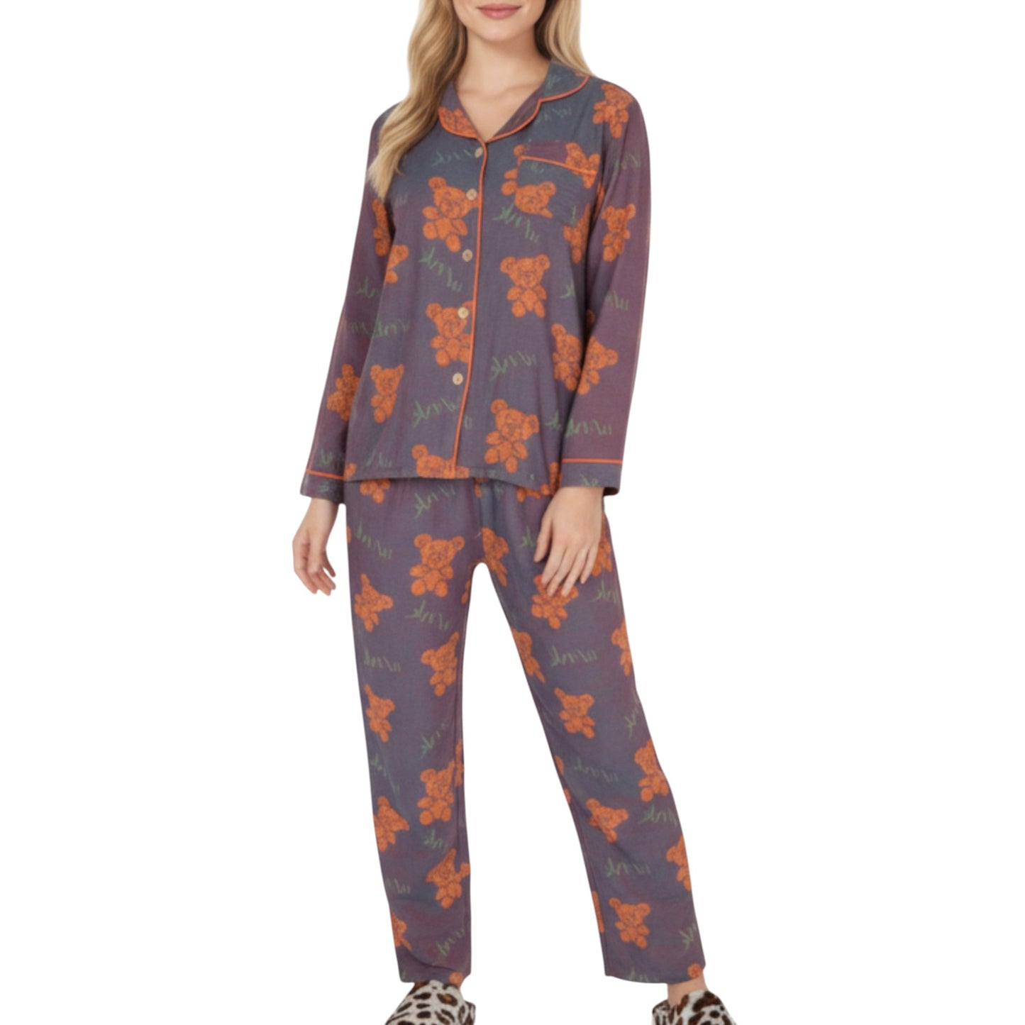Anna-Kaci Lounge Women's 2-Piece Set Teddy Bear Print Button-Up Long Sleeve Pajama Top and Relaxed Fit Pants