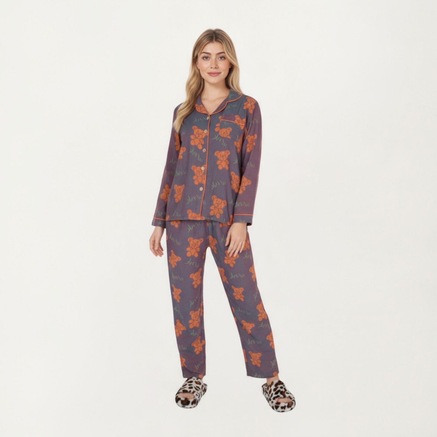 Anna-Kaci Lounge Women's 2-Piece Set Teddy Bear Print Button-Up Long Sleeve Pajama Top and Relaxed Fit Pants