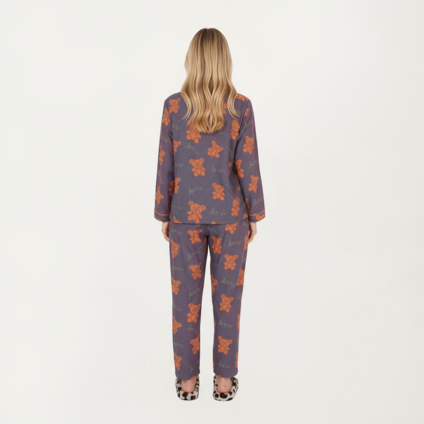 Anna-Kaci Lounge Women's 2-Piece Set Teddy Bear Print Button-Up Long Sleeve Pajama Top and Relaxed Fit Pants