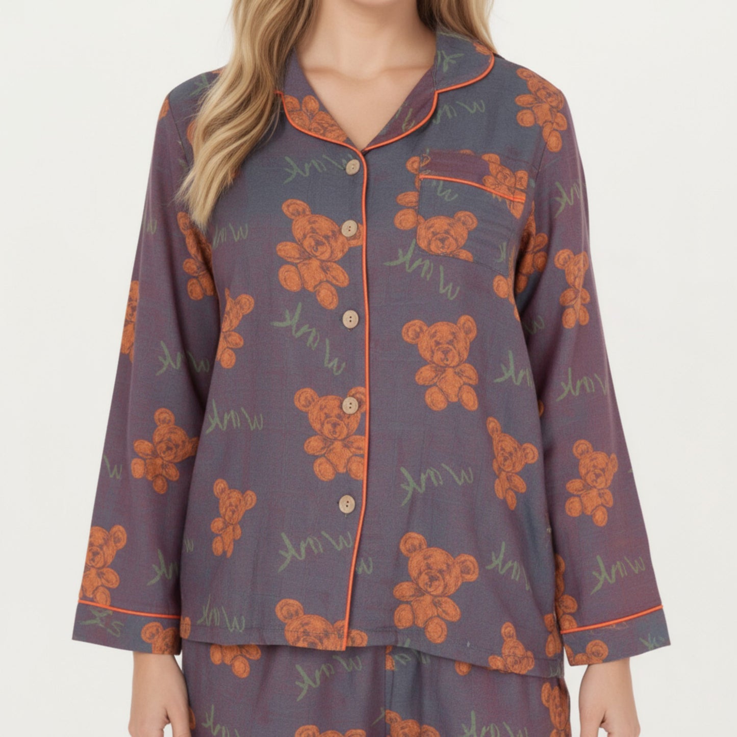 Anna-Kaci Lounge Women's 2-Piece Set Teddy Bear Print Button-Up Long Sleeve Pajama Top and Relaxed Fit Pants
