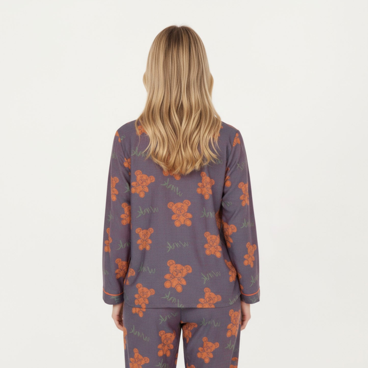 Anna-Kaci Lounge Women's 2-Piece Set Teddy Bear Print Button-Up Long Sleeve Pajama Top and Relaxed Fit Pants