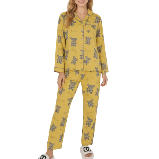 Anna-Kaci Lounge Women's 2-Piece Set Teddy Bear Print Button-Up Long Sleeve Pajama Top and Relaxed Fit Pants