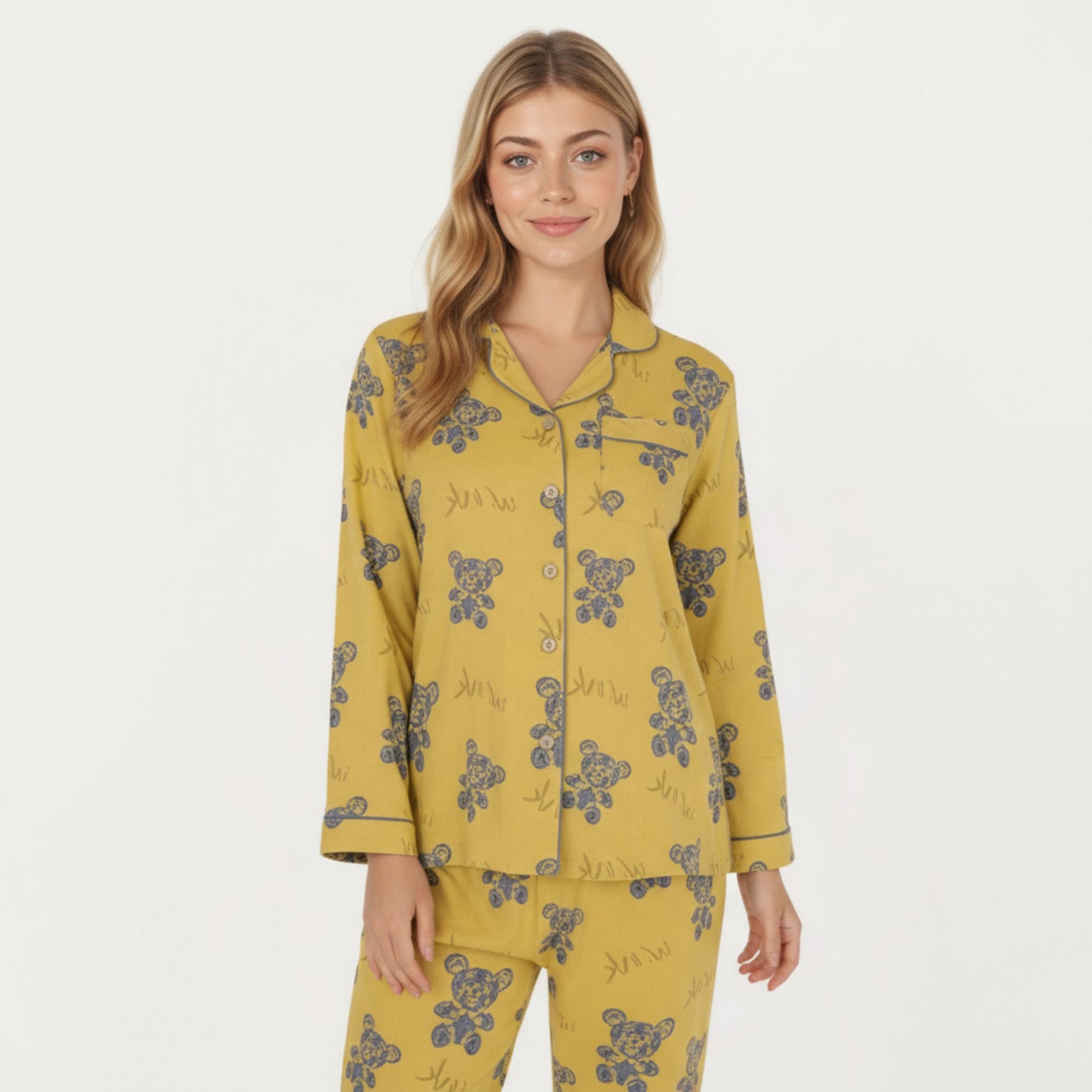 Anna-Kaci Lounge Women's 2-Piece Set Teddy Bear Print Button-Up Long Sleeve Pajama Top and Relaxed Fit Pants