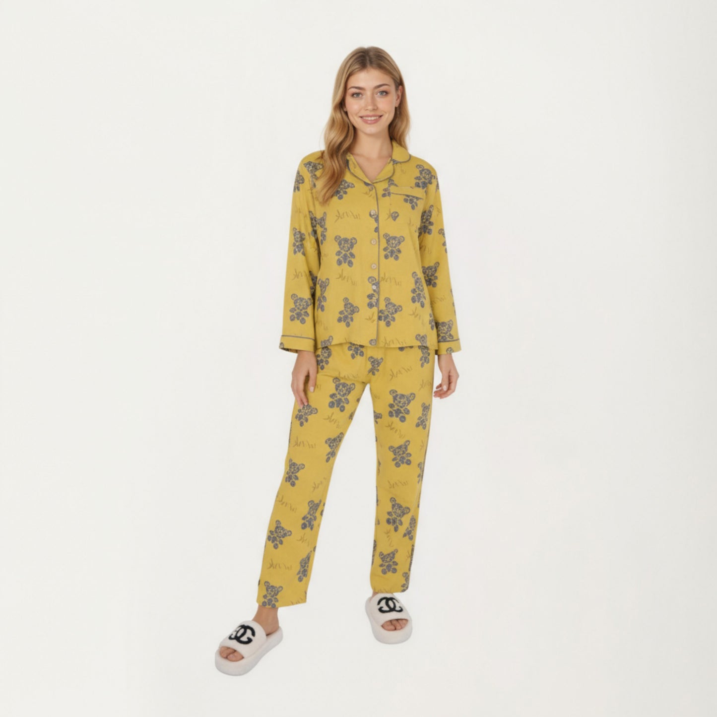 Anna-Kaci Lounge Women's 2-Piece Set Teddy Bear Print Button-Up Long Sleeve Pajama Top and Relaxed Fit Pants