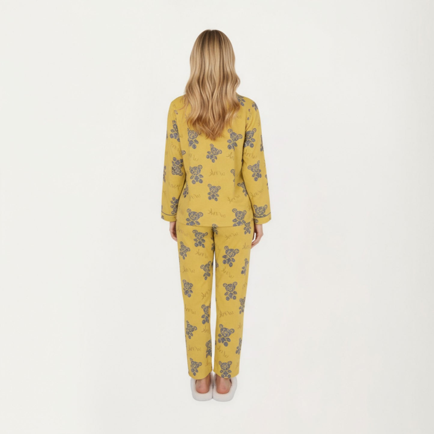 Anna-Kaci Lounge Women's 2-Piece Set Teddy Bear Print Button-Up Long Sleeve Pajama Top and Relaxed Fit Pants