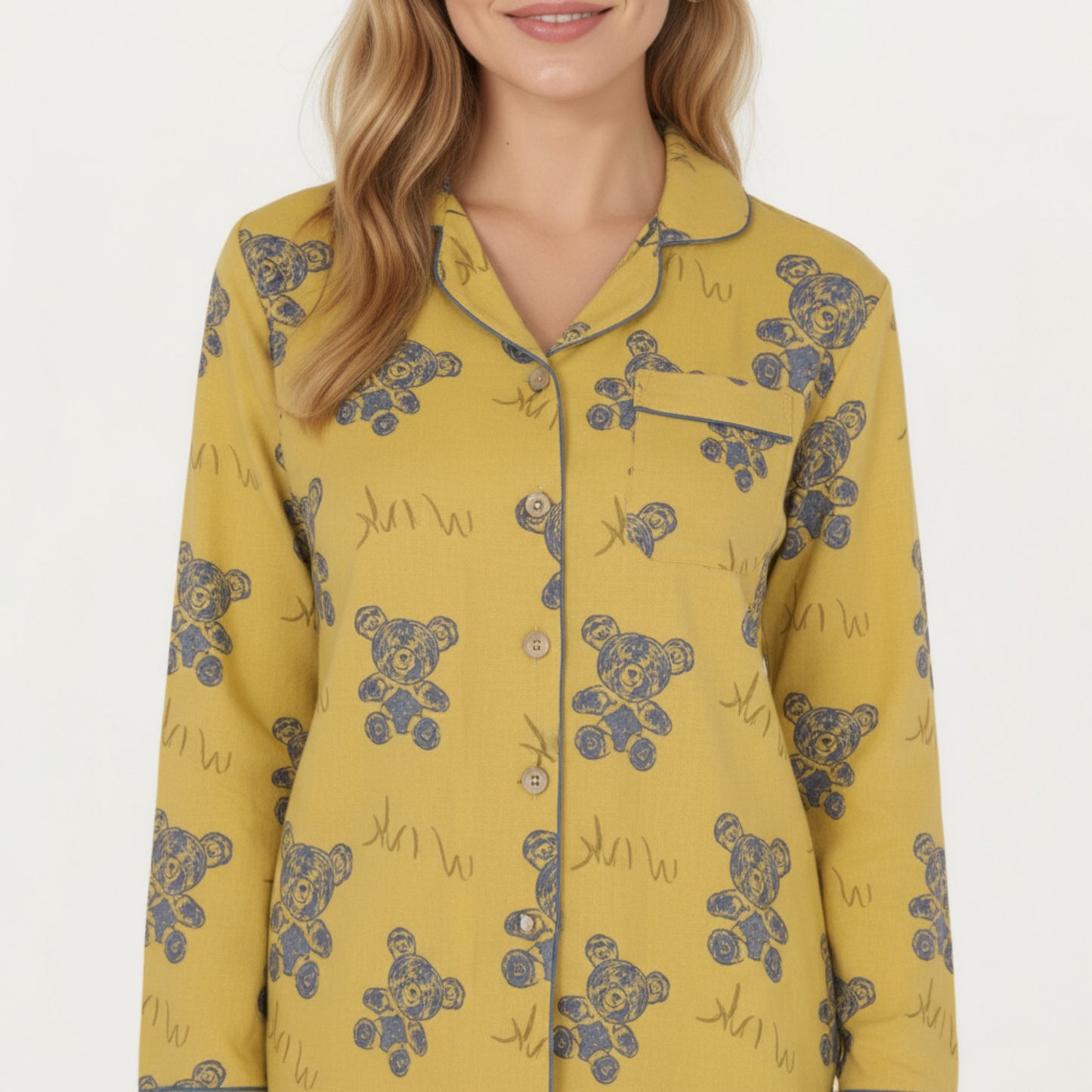 Anna-Kaci Lounge Women's 2-Piece Set Teddy Bear Print Button-Up Long Sleeve Pajama Top and Relaxed Fit Pants