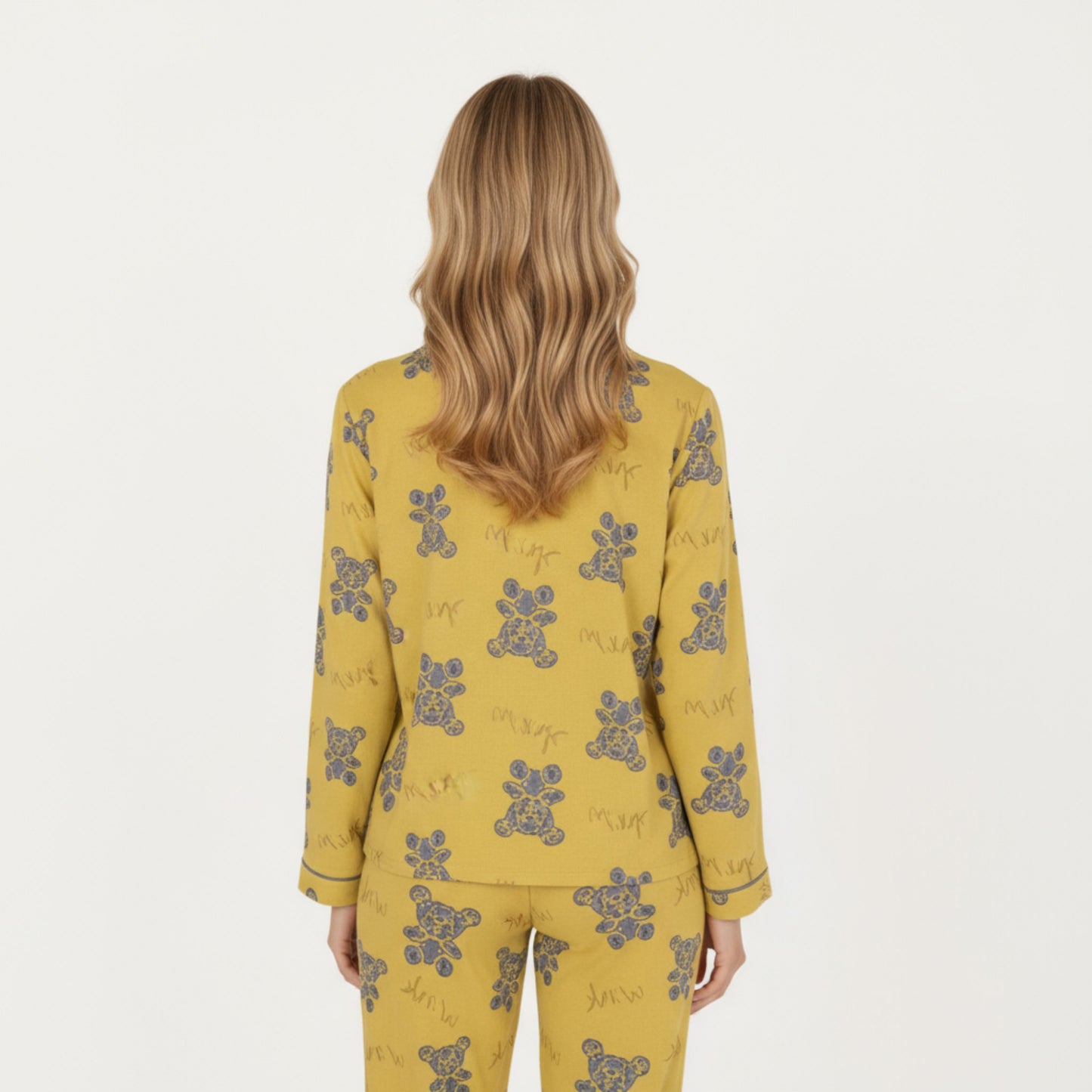 Anna-Kaci Lounge Women's 2-Piece Set Teddy Bear Print Button-Up Long Sleeve Pajama Top and Relaxed Fit Pants