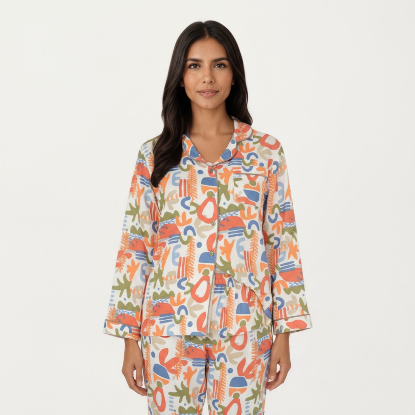 Anna-Kaci Lounge Women's 2-Piece Set Abstract Print Button-Up V-Neck Pajama Top and Matching Pants