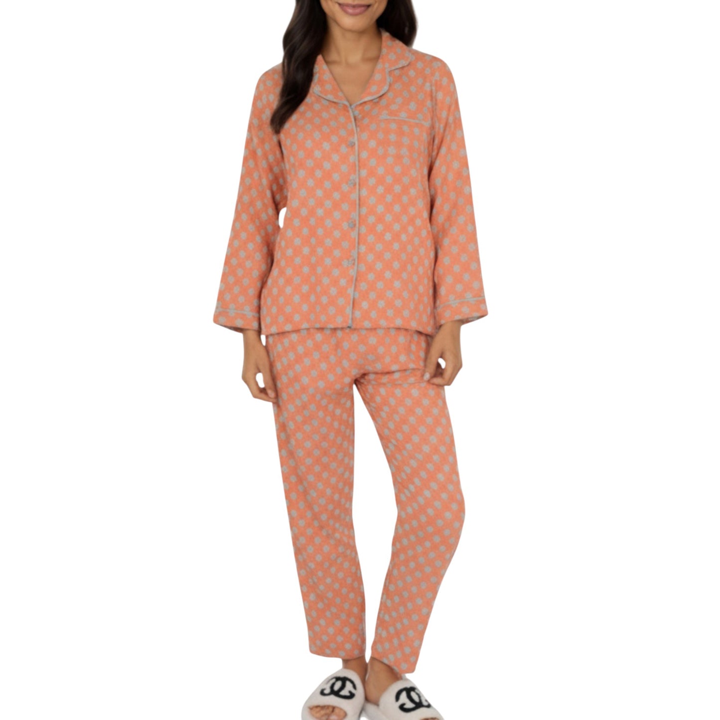 Anna-Kaci Lounge Women's 2-Piece Set Long Sleeve Button-Up Pajama Top with Matching Relaxed Fit Printed Pants
