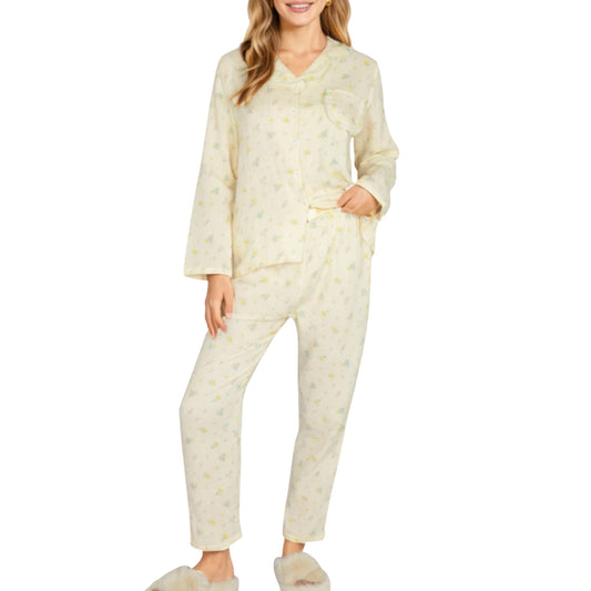 Anna-Kaci Lounge Women's 2-Piece Set Button Front Pajama Top with Ruffled Collar and Relaxed Fit Pants