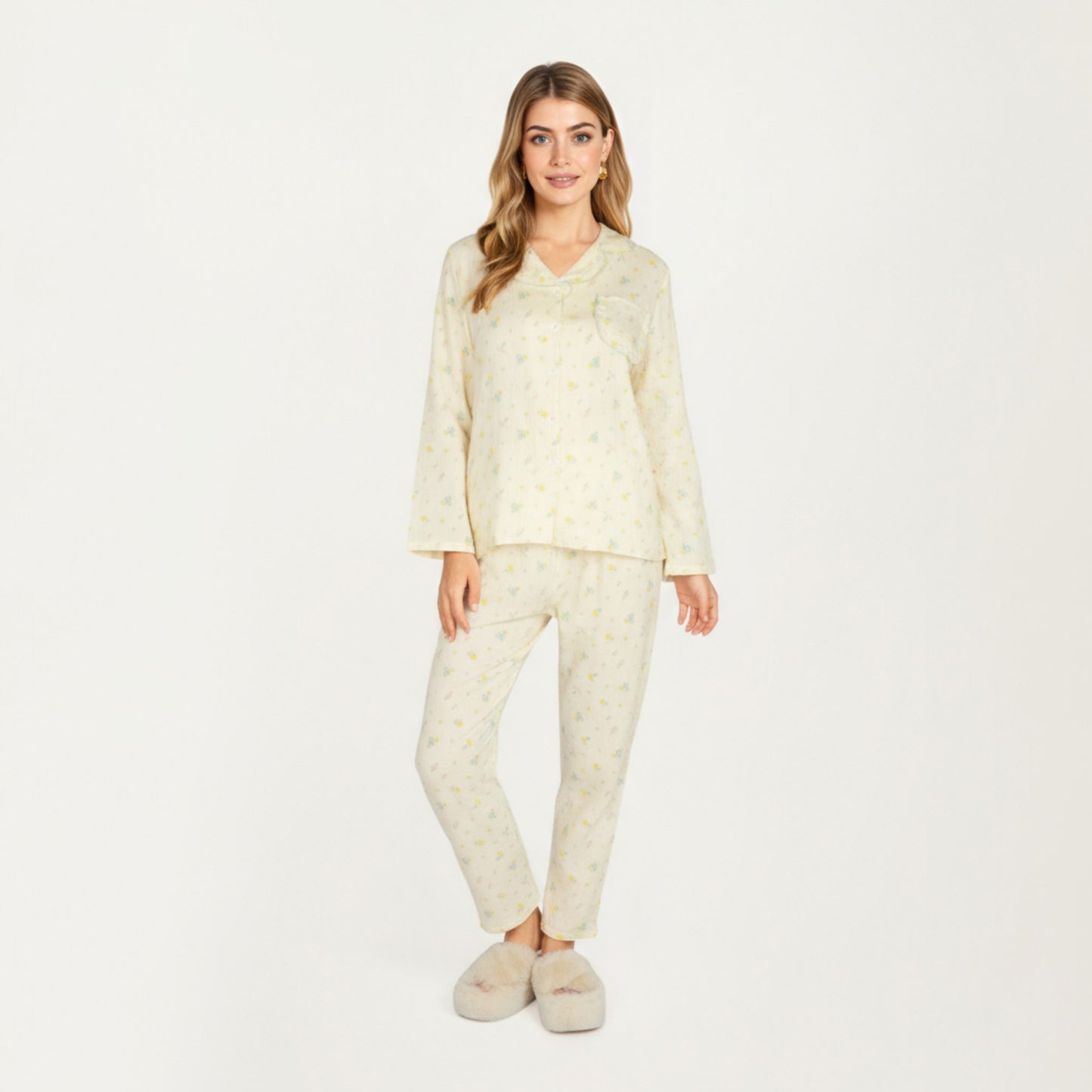 Anna-Kaci Lounge Women's 2-Piece Set Button Front Pajama Top with Ruffled Collar and Relaxed Fit Pants