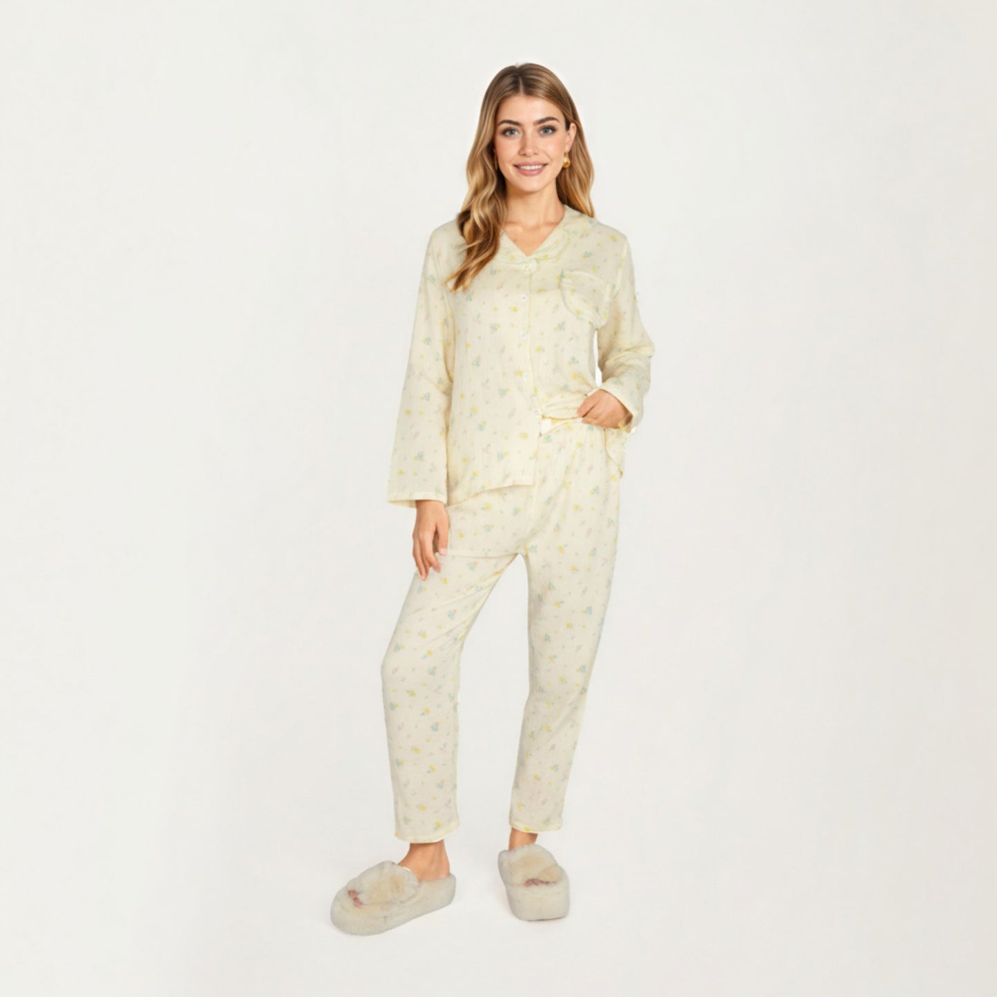 Anna-Kaci Lounge Women's 2-Piece Set Button Front Pajama Top with Ruffled Collar and Relaxed Fit Pants