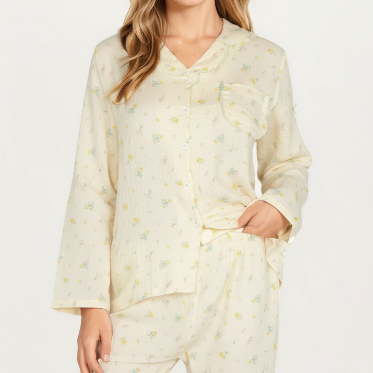 Anna-Kaci Lounge Women's 2-Piece Set Button Front Pajama Top with Ruffled Collar and Relaxed Fit Pants