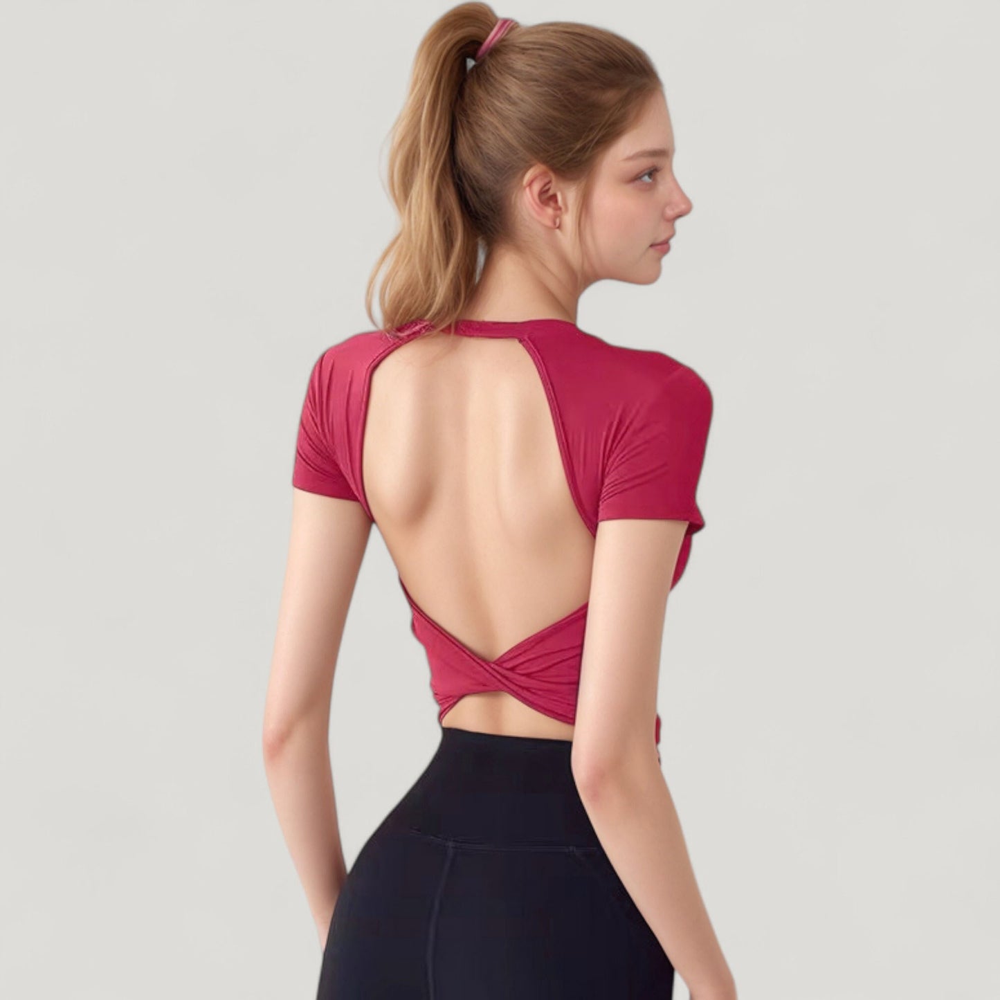Anna-Kaci Active Women's Short Sleeve Open Back Crop Top with Twist Detail and Fitted Silhouette