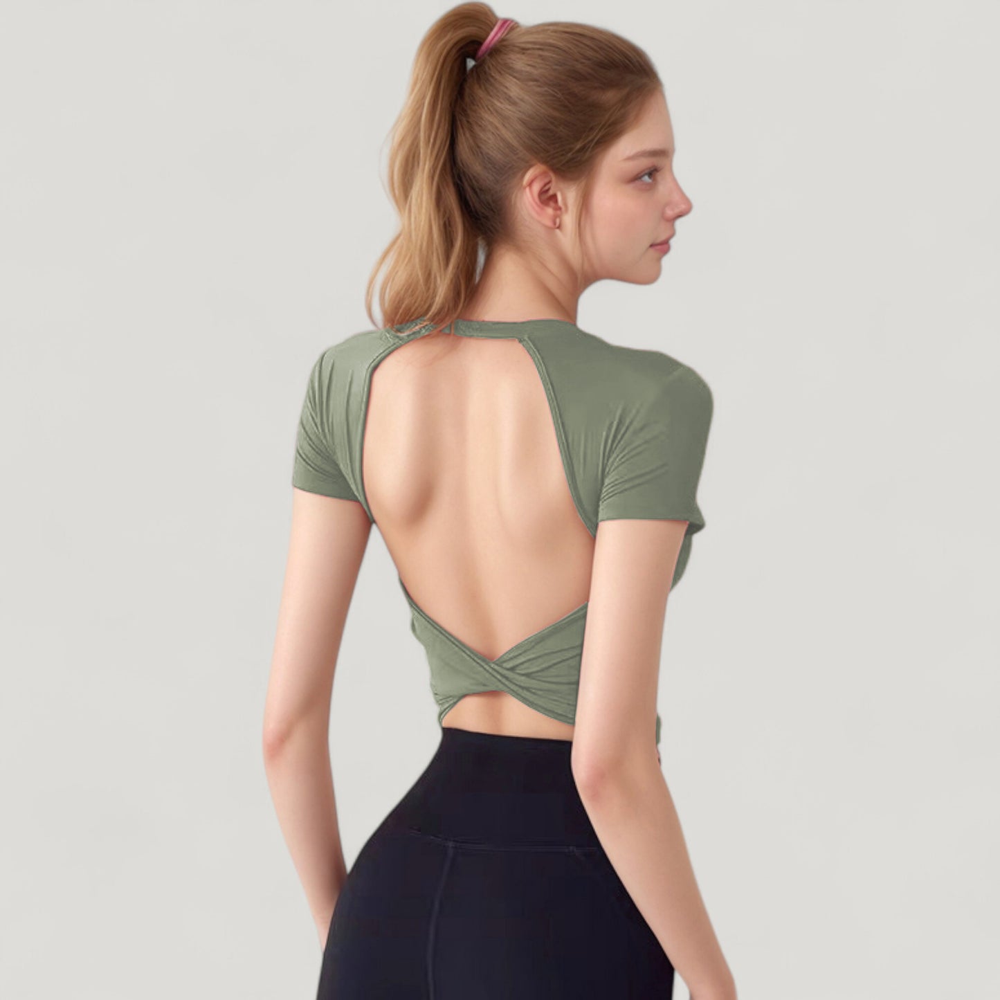 Anna-Kaci Active Women's Short Sleeve Open Back Crop Top with Twist Detail and Fitted Silhouette