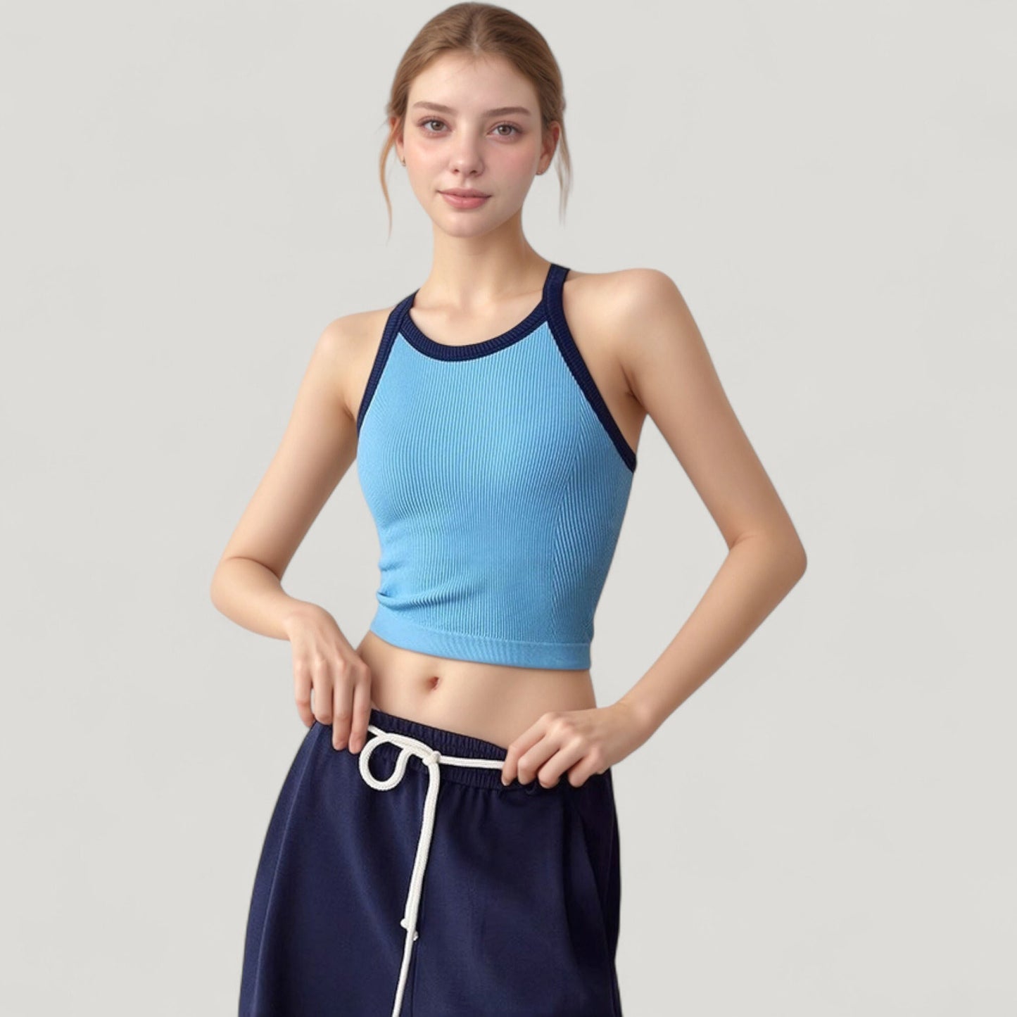 Anna-Kaci Active Women's Ribbed Racerback Cropped Tank Top with Contrast Trim and Fitted Stretch Fabric