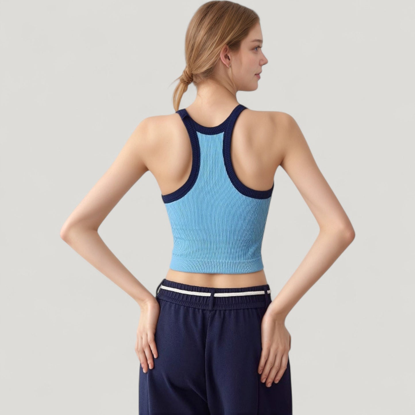 Anna-Kaci Active Women's Ribbed Racerback Cropped Tank Top with Contrast Trim and Fitted Stretch Fabric